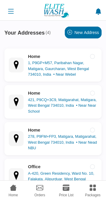 ELITE WASH saved addresses screen