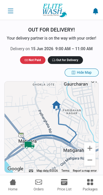 ELITE WASH app order screen with delivery map
